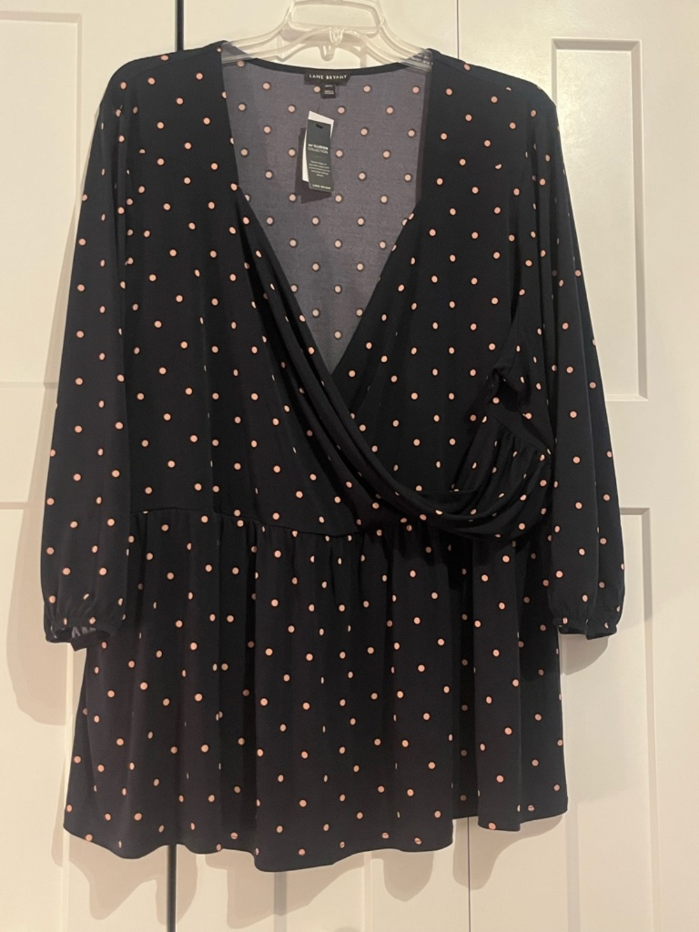 Lane Bryant Black Top with Pink Polka Dots - Surplice Peplum size 30/32W. New.